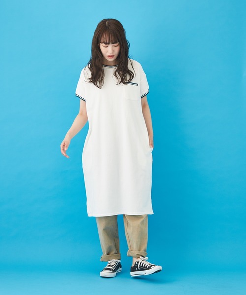 CUBE SUGAR（キューブシュガー）の「鹿の子ライン リブ クルーネック ワンピース（ワンピース・レディース・ホワイト/チャコールグレー/ベージュ・M）」の19枚目の写真