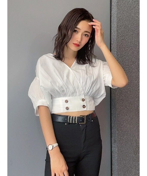 ENVYM（アンビー）の「ダブルボタンギャザーＢｌｏｕｓｅ（シャツ/ブラウス・レディース・ホワイト/ブラック/ベージュ/レオパード/パイソン・FREE）」の2枚目の写真