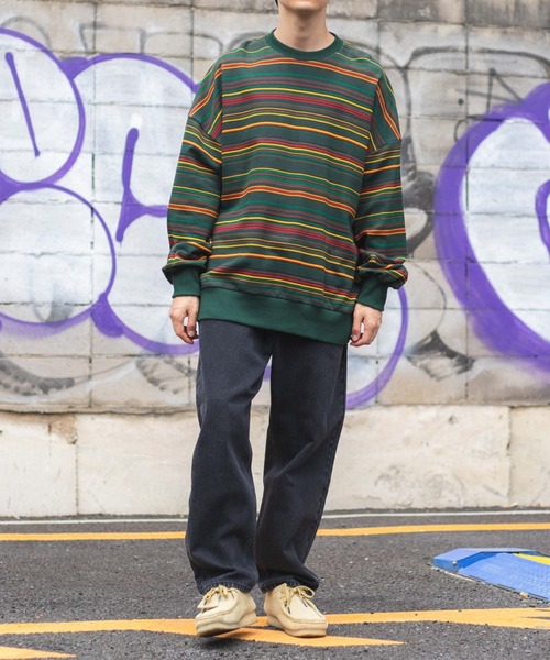 WEGO(ウィゴー)の「WEGO/ヘビーウエイトマルチボーダービッグシルエットプルオーバー(スウェット・メンズ・アイボリー/ダークグリーン・MEDIUM/LARGE)」の13枚目の写真