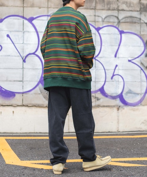 WEGO(ウィゴー)の「WEGO/ヘビーウエイトマルチボーダービッグシルエットプルオーバー(スウェット・メンズ・アイボリー/ダークグリーン・MEDIUM/LARGE)」の6枚目の写真