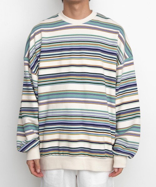 WEGO(ウィゴー)の「WEGO/ヘビーウエイトマルチボーダービッグシルエットプルオーバー(スウェット・メンズ・アイボリー/ダークグリーン・MEDIUM/LARGE)」の18枚目の写真