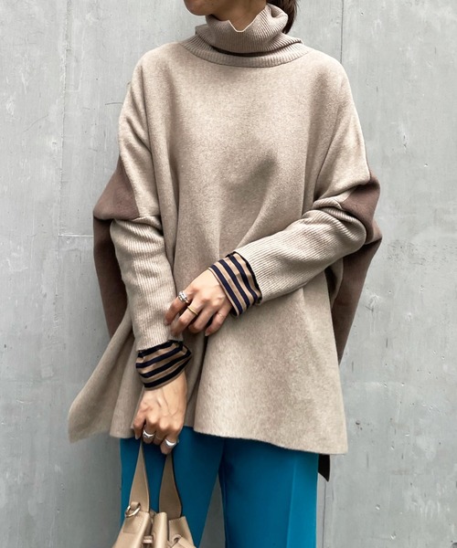 DouDou（ドゥドゥ）の「バイカラーポンチョニット（ニット/セーター・レディース・オフホワイト/チャコールグレー/ベージュ・FREE）」の6枚目の写真