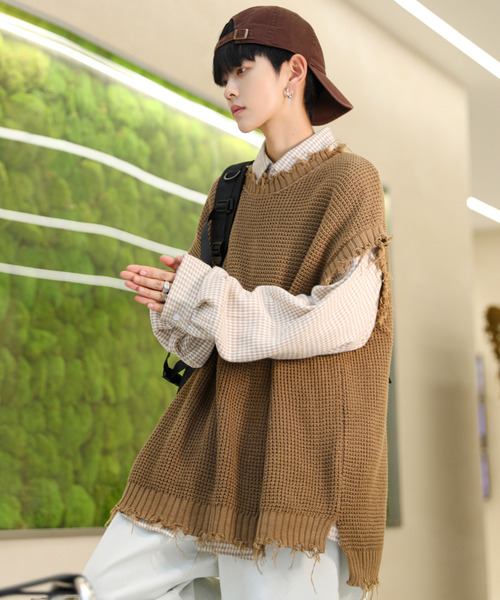 neos（ネオス）の「【neos -addictive design-】ビッグシルエット ダメージ加工 ラーベン編み ニット ベスト（ベスト・メンズ・ホワイト/ブラック/ベージュ/ブラウン/ブルーグレー/チャコール・MEDIUM/LARGE）」の5枚目の写真