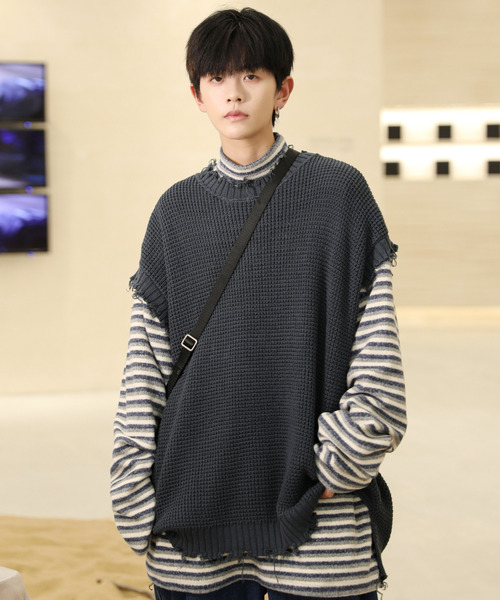 【セール】【neos -addictive design-】ビッグシルエット ダメージ加工 ラーベン編み ニット ベスト（ベスト）｜neos（ネオス）