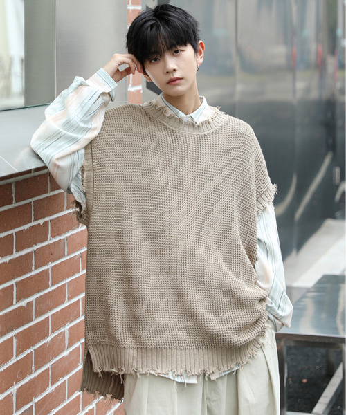 neos（ネオス）の「【neos -addictive design-】ビッグシルエット ダメージ加工 ラーベン編み ニット ベスト（ベスト・メンズ・ホワイト/ブラック/ベージュ/ブラウン/ブルーグレー/チャコール・MEDIUM/LARGE）」の13枚目の写真