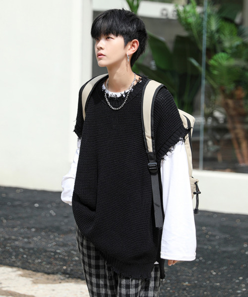 neos（ネオス）の「【neos -addictive design-】ビッグシルエット ダメージ加工 ラーベン編み ニット ベスト（ベスト・メンズ・ホワイト/ブラック/ベージュ/ブラウン/ブルーグレー/チャコール・MEDIUM/LARGE）」の8枚目の写真