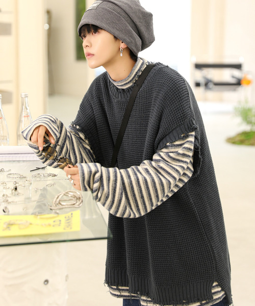 neos（ネオス）の「【neos -addictive design-】ビッグシルエット ダメージ加工 ラーベン編み ニット ベスト（ベスト・メンズ・ホワイト/ブラック/ベージュ/ブラウン/ブルーグレー/チャコール・MEDIUM/LARGE）」の15枚目の写真