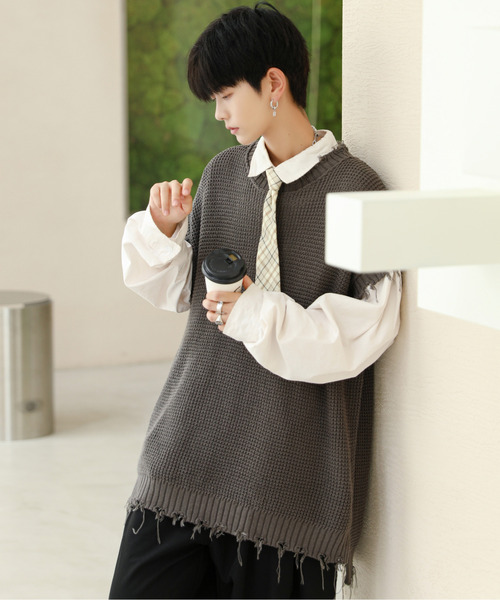 neos（ネオス）の「【neos -addictive design-】ビッグシルエット ダメージ加工 ラーベン編み ニット ベスト（ベスト・メンズ・ホワイト/ブラック/ベージュ/ブラウン/ブルーグレー/チャコール・MEDIUM/LARGE）」の16枚目の写真