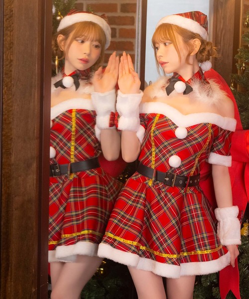Tika（ティカ）の「サンタ コスプレ チェック オフショルダー ノースリーブ フレア ミニ ワンピース 5点セット かわいい クリスマス コスチューム サンタコス（コスチューム/パーティーグッズ・レディース・レッド・M）」の22枚目の写真
