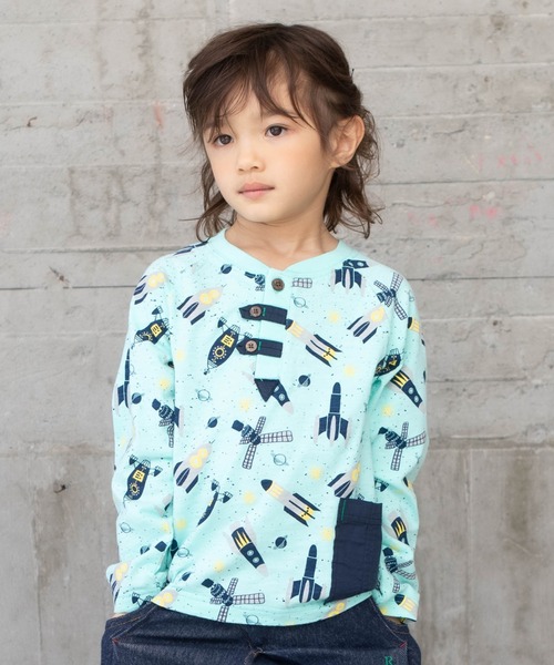 RAGMART(ラグマート)の「総柄ロケットプリントロングスリーブTシャツ(Tシャツ/カットソー・キッズ・グリーン/オフホワイト・110cm/120cm/130cm/100cm)」の1枚目の写真
