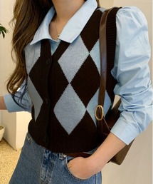 NANING9 ダイヤ柄ショート丈ベストカーディガン