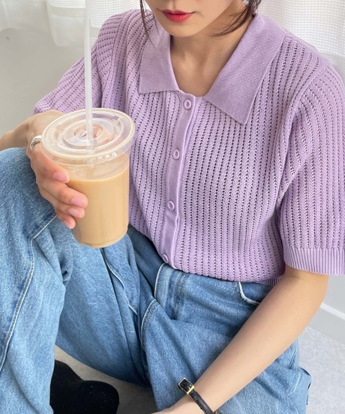 WEGO(ウィゴー)の「WEGO/襟付メッシュカーデ(カーディガン/ボレロ・レディース・ライム/ライトパープル/ホワイト/ブラック・FREE)」の4枚目の写真