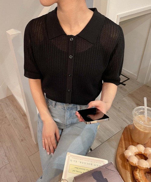 WEGO(ウィゴー)の「WEGO/襟付メッシュカーデ(カーディガン/ボレロ・レディース・ライム/ライトパープル/ホワイト/ブラック・FREE)」の2枚目の写真