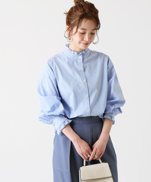 B.C STOCK(ベーセーストック)の「スタンドフリルブラウス(シャツ/ブラウス・レディース・ホワイト/ピンク/ブルー/グリーン・FREE)」の3枚目の写真