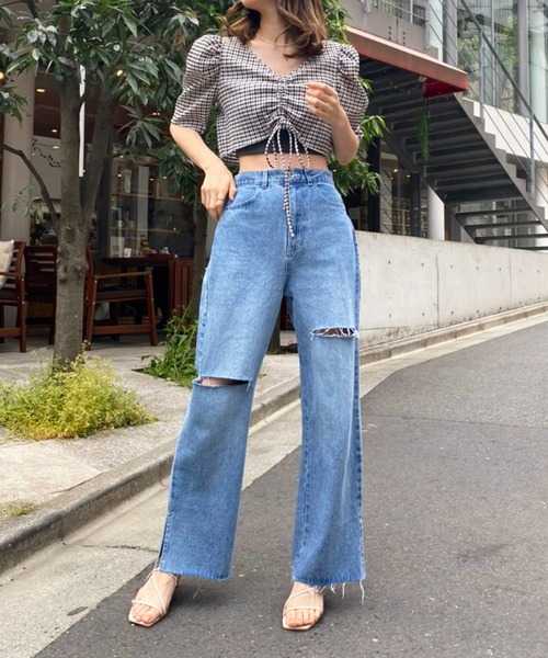 one after another NICE CLAUP（ワンアフターアナザーナイスクラップ）の「ダメージワイドデニムパンツ（デニムパンツ・レディース・ブルー/ベビーピンク/ライトブルー・S/M）」の12枚目の写真