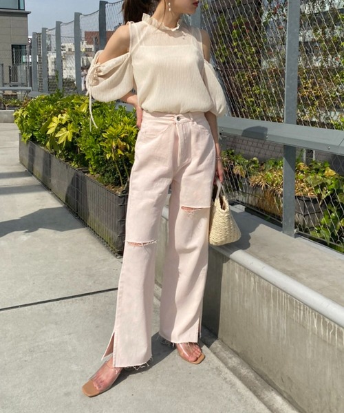 one after another NICE CLAUP（ワンアフターアナザーナイスクラップ）の「ダメージワイドデニムパンツ（デニムパンツ・レディース・ブルー/ベビーピンク/ライトブルー・S/M）」の16枚目の写真