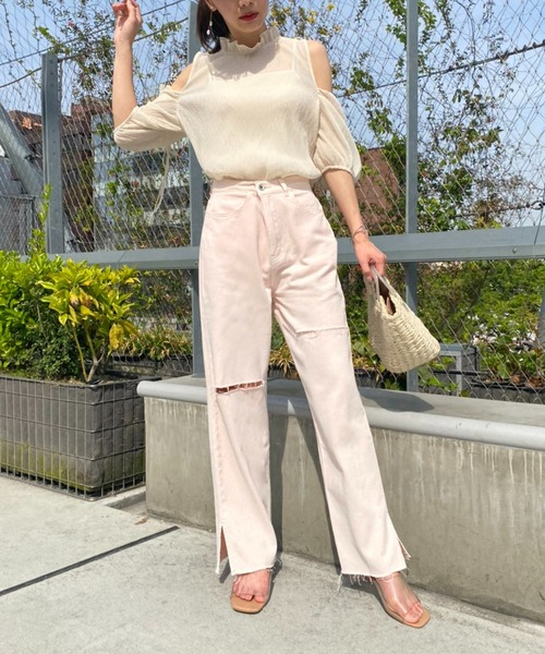 one after another NICE CLAUP（ワンアフターアナザーナイスクラップ）の「ダメージワイドデニムパンツ（デニムパンツ・レディース・ブルー/ベビーピンク/ライトブルー・S/M）」の17枚目の写真