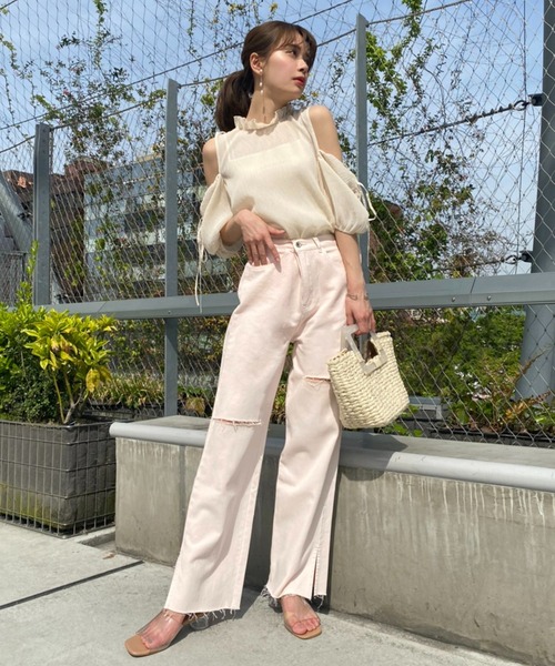 one after another NICE CLAUP（ワンアフターアナザーナイスクラップ）の「ダメージワイドデニムパンツ（デニムパンツ・レディース・ブルー/ベビーピンク/ライトブルー・S/M）」の18枚目の写真