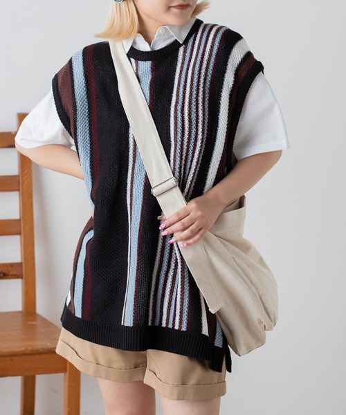 WEGO(ウィゴー)の「WEGO/レトロストライプニットベスト(ベスト・メンズ・ブラック/ダークグリーン・LARGE/MEDIUM)」の2枚目の写真