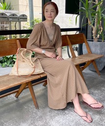 ハイウエスト切替プリントマキシドレス