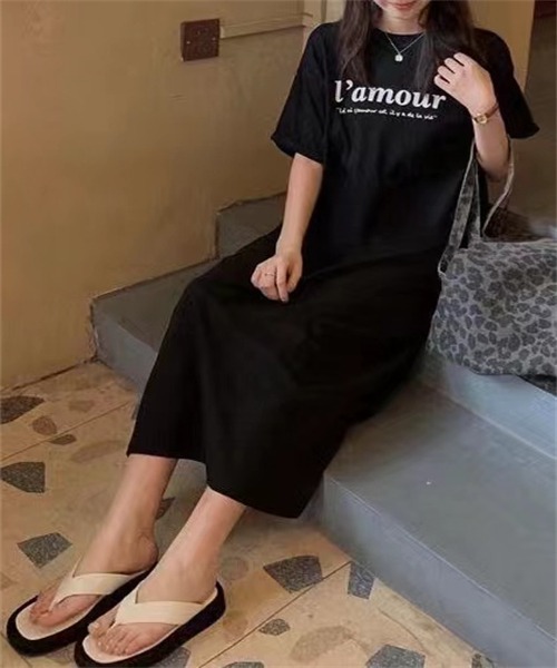 Dream garden(ドリームガーデン)の「サイドスリット Tシャツワンピース(ワンピース・レディース・ブラック/ピンク・M/L/2XL/XL)」の7枚目の写真