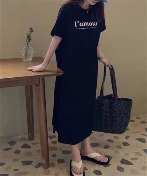 Dream garden(ドリームガーデン)の「サイドスリット Tシャツワンピース(ワンピース・レディース・ブラック/ピンク・M/L/2XL/XL)」の6枚目の写真