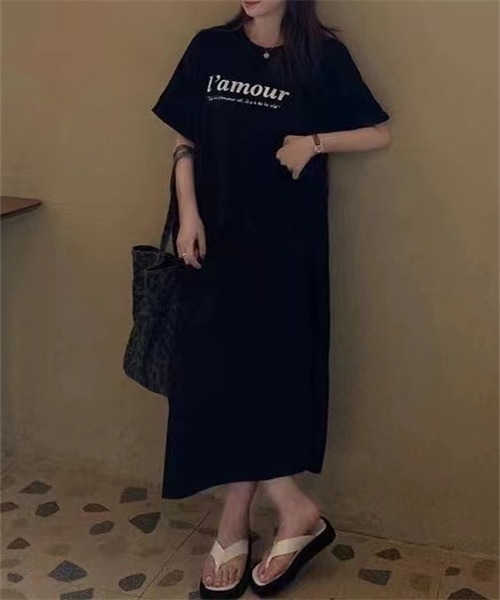Dream garden(ドリームガーデン)の「サイドスリット Tシャツワンピース(ワンピース・レディース・ブラック/ピンク・M/L/2XL/XL)」の4枚目の写真