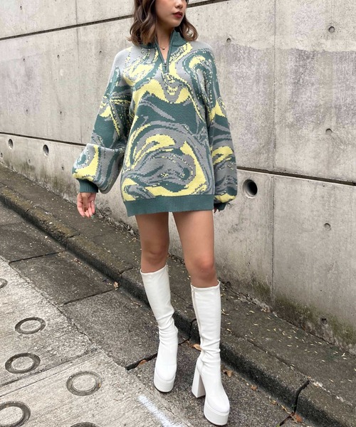 SPIRALGIRL(スパイラルガール)の「マーブル柄ジャガードハーフZIPニット(ニット/セーター・レディース・ブラック系/ブルー系/イエロー系・FREE)」の8枚目の写真
