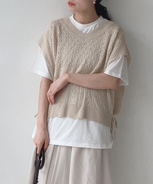AS KNOW AS plus | 〇サイドリボン結び 透かしベストとTシャツ セット(Tシャツ/カットソー)