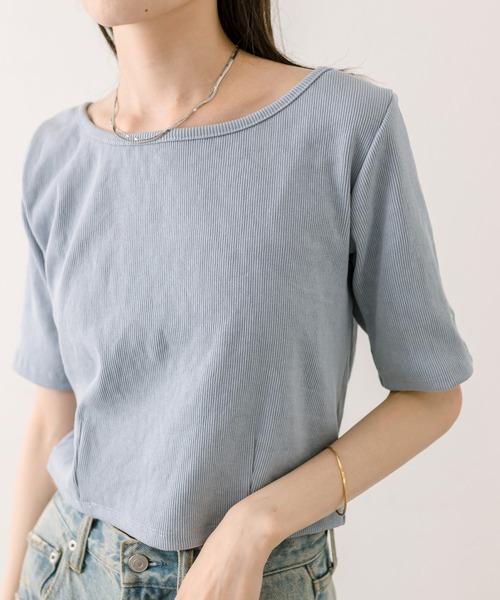 mystic（ミスティック）の「リブチビTシャツ（Tシャツ/カットソー・レディース・グリーン/ピンク/アイボリー/ブラック/オフホワイト/ブルー・FREE）」の5枚目の写真