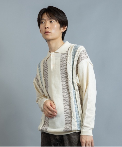 En serio TOKYO(エンソリオトーキョー)の「ヴィンテージライク ジャカードケーブルニットポロ(ニット/セーター・メンズ・ブラック/アイボリー/グレイッシュブルー/ラベンダー・M/L)」の19枚目の写真