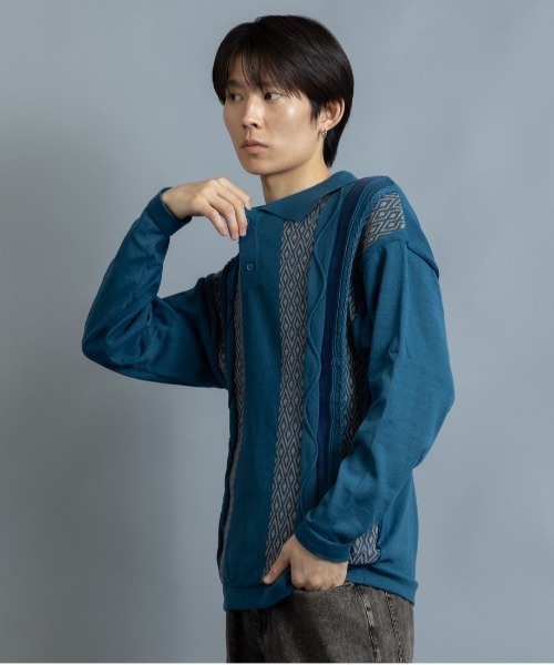 En serio TOKYO(エンソリオトーキョー)の「ヴィンテージライク ジャカードケーブルニットポロ(ニット/セーター・メンズ・ブラック/アイボリー/グレイッシュブルー/ラベンダー・M/L)」の11枚目の写真