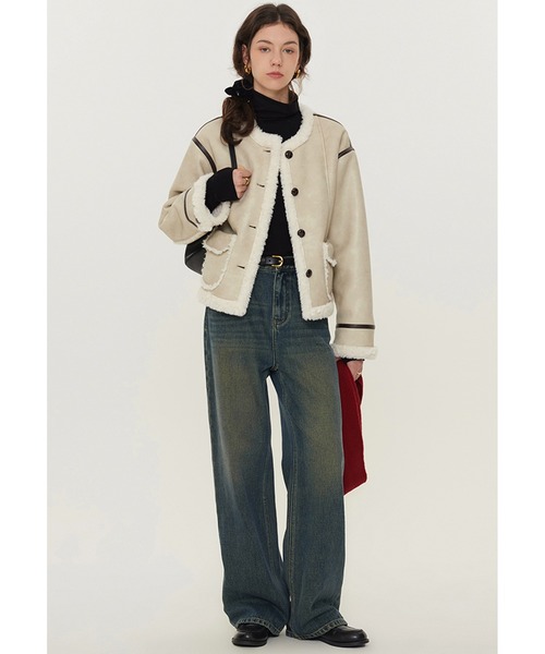 レザーパイピング ショートボアジャケット【Fano Studios】 fano studios ショート丈 ノーカラーボアパイピングムートンジャケット