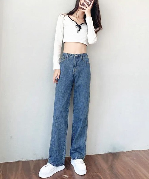 SHEPP(シープ)の「カラー ストレートデニムパンツ(デニムパンツ・レディース・グレー/ピンク/ブラック/ライトブルー/イエロー/ベージュ/ブルー・S/M/L)」の5枚目の写真