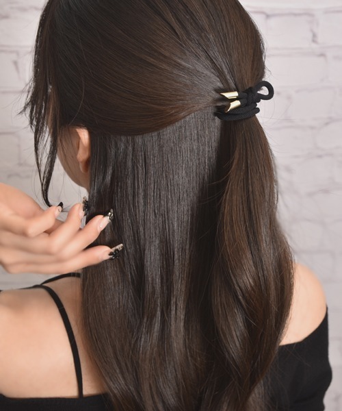 float】 片結びデザイン ブラック×ゴールド へアゴム【2個セット