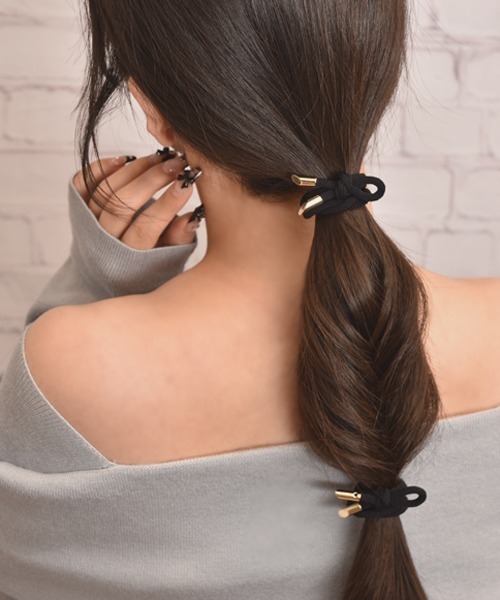 float】 片結びデザイン ブラック×ゴールド へアゴム【2個セット