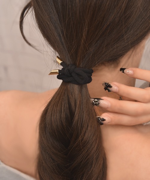 float】 片結びデザイン ブラック×ゴールド へアゴム【2個セット