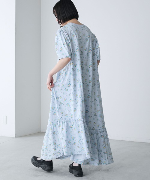 M*i様 フルーツプリントフリルワンピース　ブルー　フリーサイズ M*i様 フルーツプリントフリルワンピース ブルー フリーサイズ