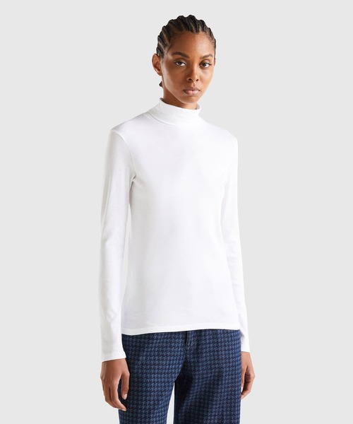 BENETTON (UNITED COLORS OF BENETTON)(ベネトンユナイテッドカラーズオブベネトン)の「ブランドロゴ刺繍入りモックネック長袖カットソー(Tシャツ/カットソー・レディース・ブラック/ネイビー/ホワイト・SMALL/X-SMALL)」の1枚目の写真