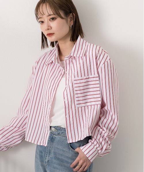 ad thie(アドティエ)の「ポケット付き ストライプ ショート丈シャツ(シャツ/ブラウス・レディース・ホワイト×ブルー/ホワイト×レッド/ホワイト×ネイビー/サックスブルー系・FREE)」の6枚目の写真