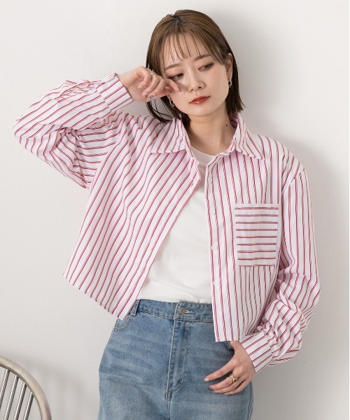 ad thie(アドティエ)の「ポケット付き ストライプ ショート丈シャツ(シャツ/ブラウス・レディース・ホワイト×ブルー/ホワイト×レッド/ホワイト×ネイビー/サックスブルー系・FREE)」の7枚目の写真