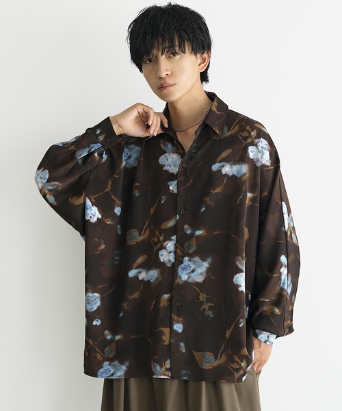 【サイズM☆美品】トルネードマート　長袖シャツ　フロントボタン　花柄　黒　細身 MinoriTY】 ニュアンス花柄ドルマンシャツ ドルマン シャツ メンズ 総