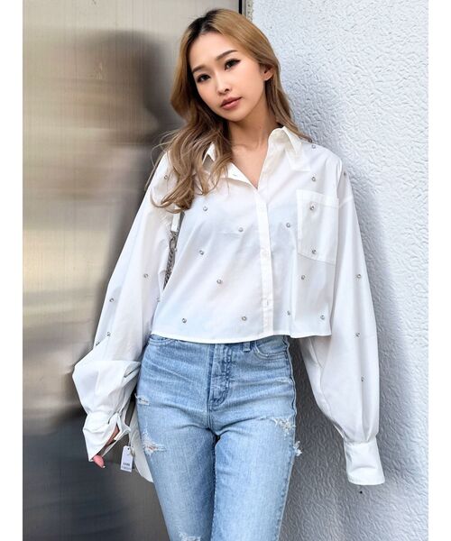 GYDA（ジェイダ）の「ビジュースタッズショートLOOSE シャツ（シャツ/ブラウス・レディース・オフホワイト/ブルー・FREE）」の2枚目の写真