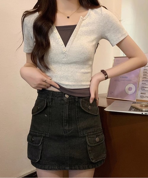 MAISON DE THERESE（メゾン ド テレーズ）の「コットンバイカラー半袖Tシャツ（Tシャツ/カットソー・レディース・ライトグレー/ピンク/ネイビー/アイボリー・S/M/L）」の17枚目の写真