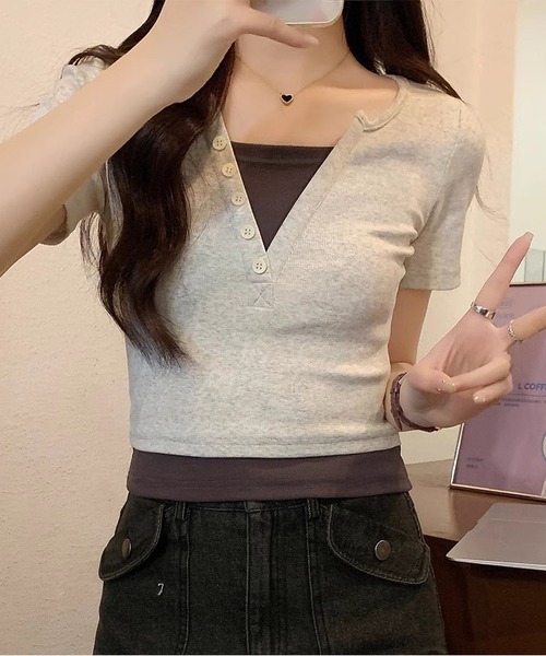 MAISON DE THERESE（メゾン ド テレーズ）の「コットンバイカラー半袖Tシャツ（Tシャツ/カットソー・レディース・ライトグレー/ピンク/ネイビー/アイボリー・S/M/L）」の14枚目の写真