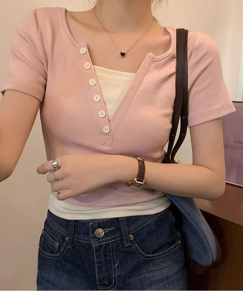 MAISON DE THERESE（メゾン ド テレーズ）の「コットンバイカラー半袖Tシャツ（Tシャツ/カットソー・レディース・ライトグレー/ピンク/ネイビー/アイボリー・S/M/L）」の22枚目の写真