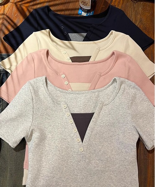 MAISON DE THERESE（メゾン ド テレーズ）の「コットンバイカラー半袖Tシャツ（Tシャツ/カットソー・レディース・ライトグレー/ピンク/ネイビー/アイボリー・S/M/L）」の18枚目の写真