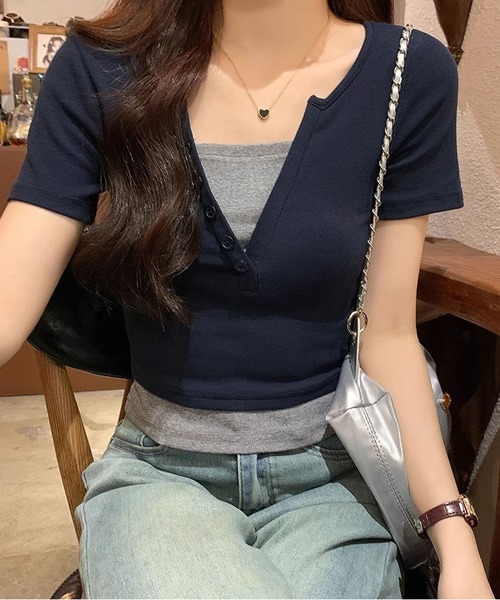 MAISON DE THERESE（メゾン ド テレーズ）の「コットンバイカラー半袖Tシャツ（Tシャツ/カットソー・レディース・ライトグレー/ピンク/ネイビー/アイボリー・S/M/L）」の12枚目の写真