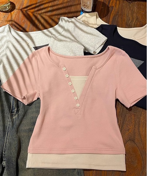 MAISON DE THERESE（メゾン ド テレーズ）の「コットンバイカラー半袖Tシャツ（Tシャツ/カットソー・レディース・ライトグレー/ピンク/ネイビー/アイボリー・S/M/L）」の19枚目の写真