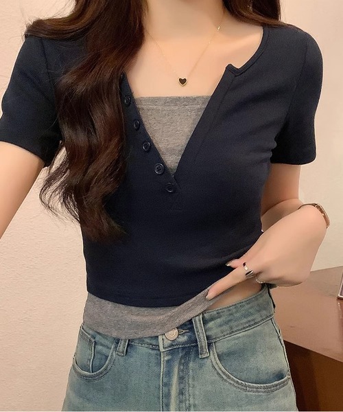 MAISON DE THERESE（メゾン ド テレーズ）の「コットンバイカラー半袖Tシャツ（Tシャツ/カットソー・レディース・ライトグレー/ピンク/ネイビー/アイボリー・S/M/L）」の9枚目の写真